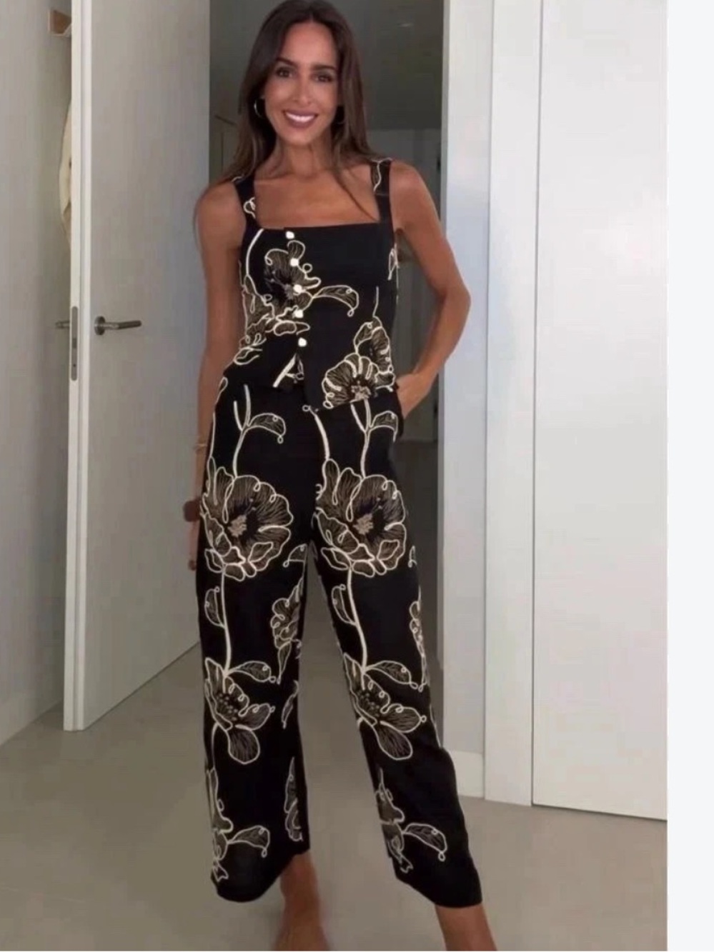Zara NWT embroidered jumpsuit black white with gold buttons 8413/717
